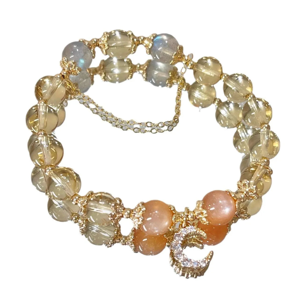 Women's Chinese-style crystal bracelet with 14K gold electroplated finish and diamond-shaped citrine moon design