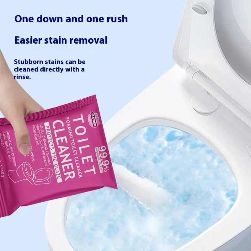 Toilet Bubble Powder cleaning product in blue ocean or pink floral fragrance, showing box and bag options