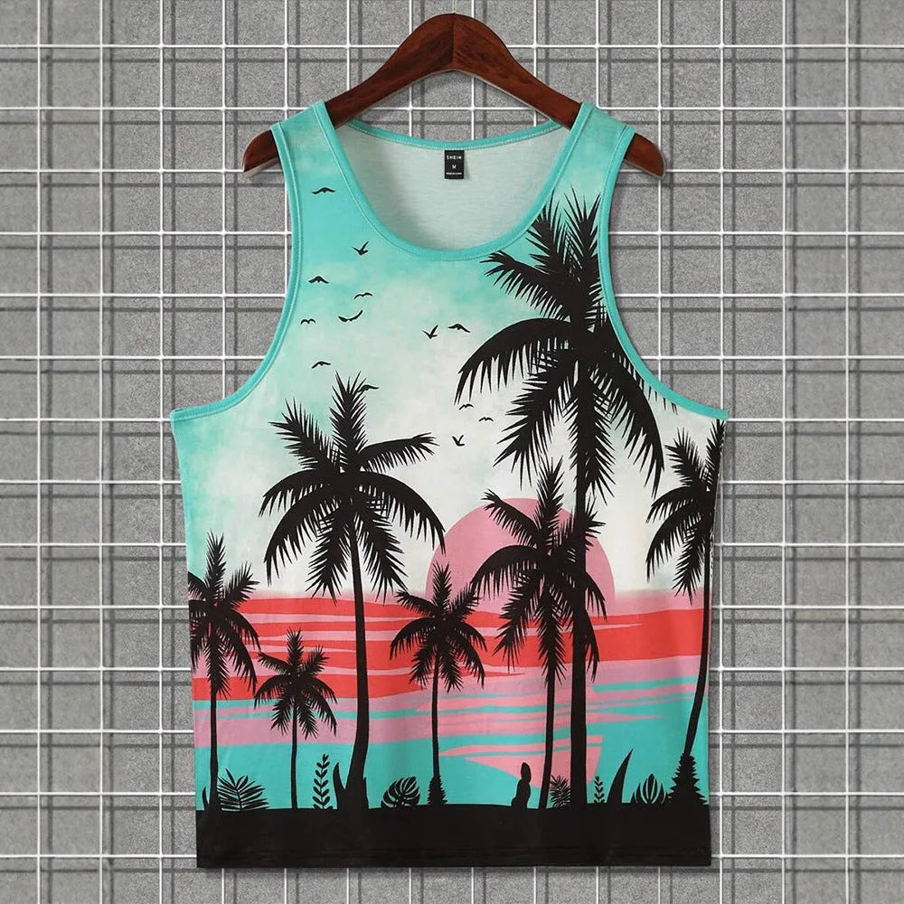 Men's 3D printed sleeveless vest t-shirt in solid colour pinhole cloth polyester