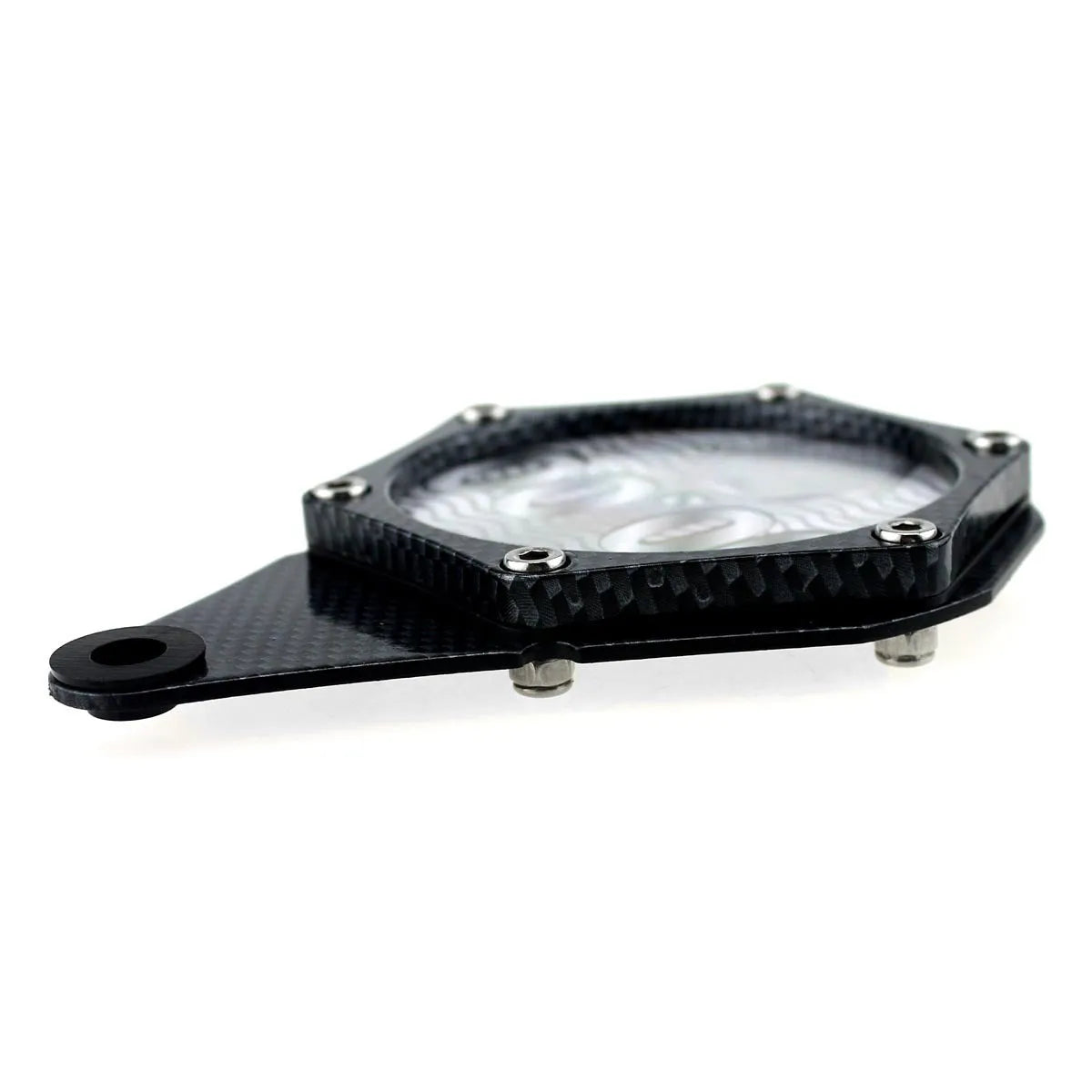 Black carbon fibre pattern motorcycle tax disc holder with anti-theft six-corner screw