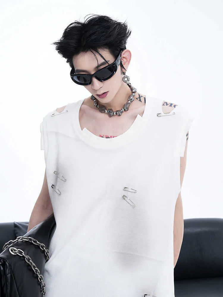 Men's black sleeveless t-shirt vest with irregular cutting and ripped detailing, round neck collar