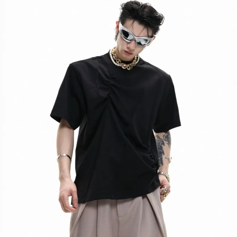 Men's cotton loose fit round neck t-shirt with pleated detailing in black, grey and white colours