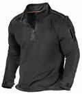 Man wearing a dark zip-up stand collar long-sleeved sweater in a sporty casual style.