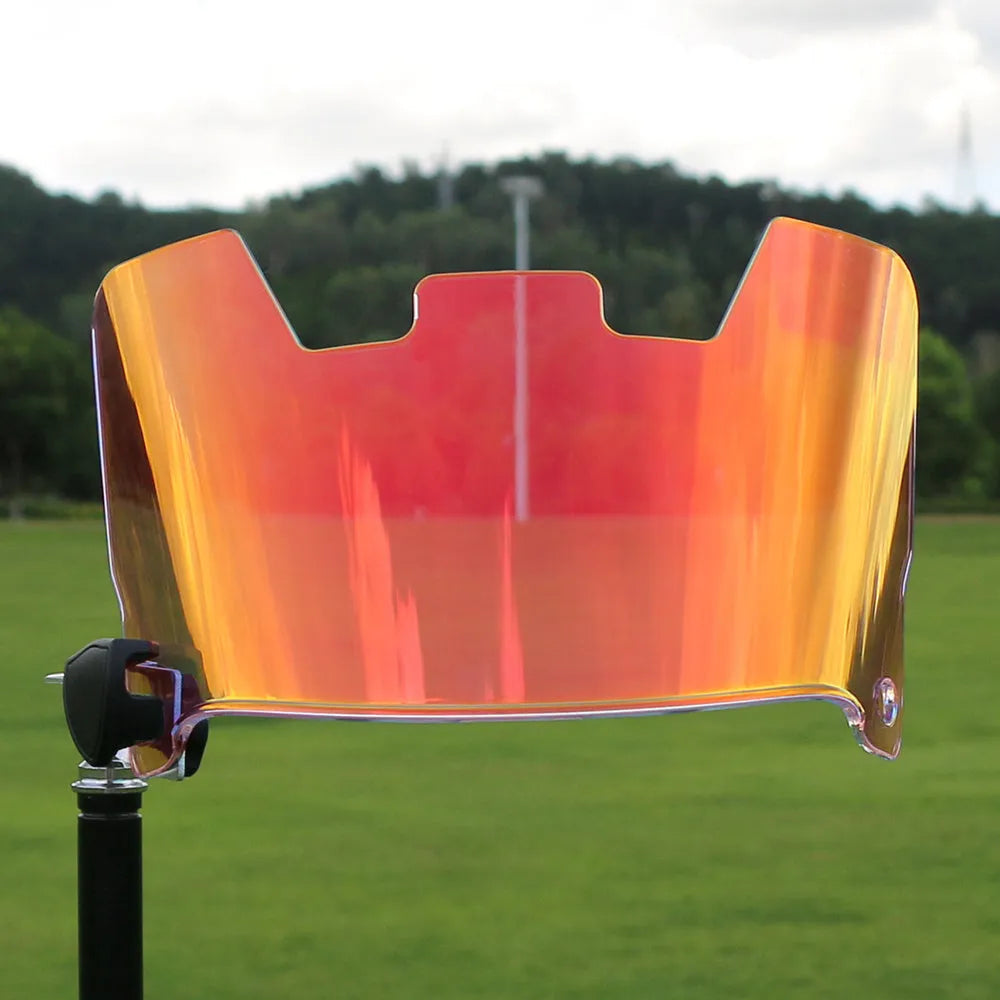 American style rugby helmet goggles in a multicolour option, showing attachment to a rugby helmet.