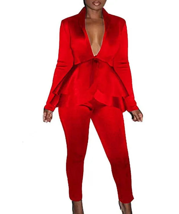 Women's ruffled top and pencil pants business uniform set in various colours