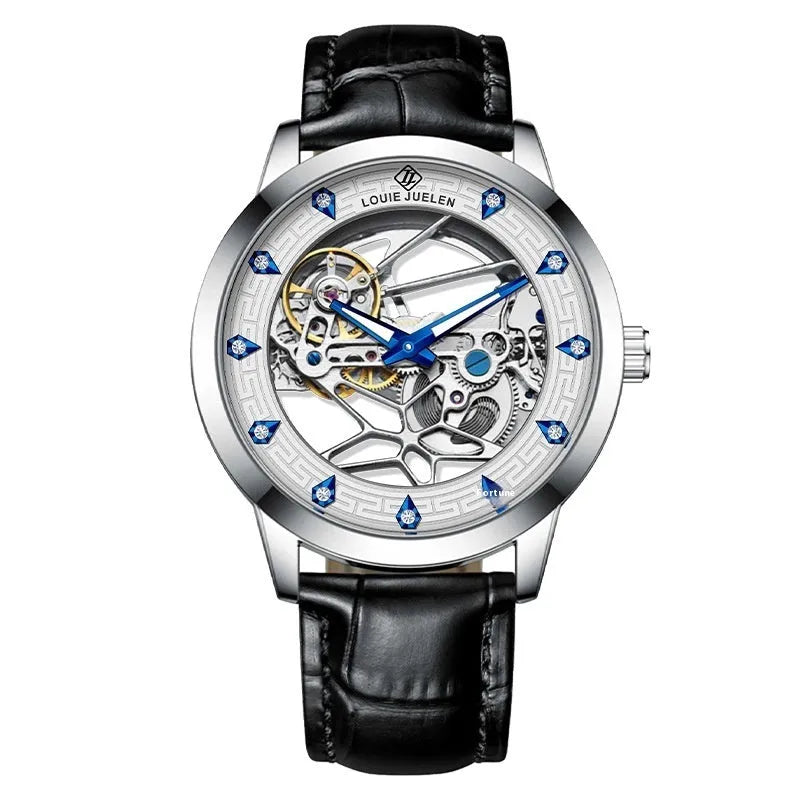 Men's silver mechanical watch with black leather strap, white dial, blue hands, and butterfly buckle