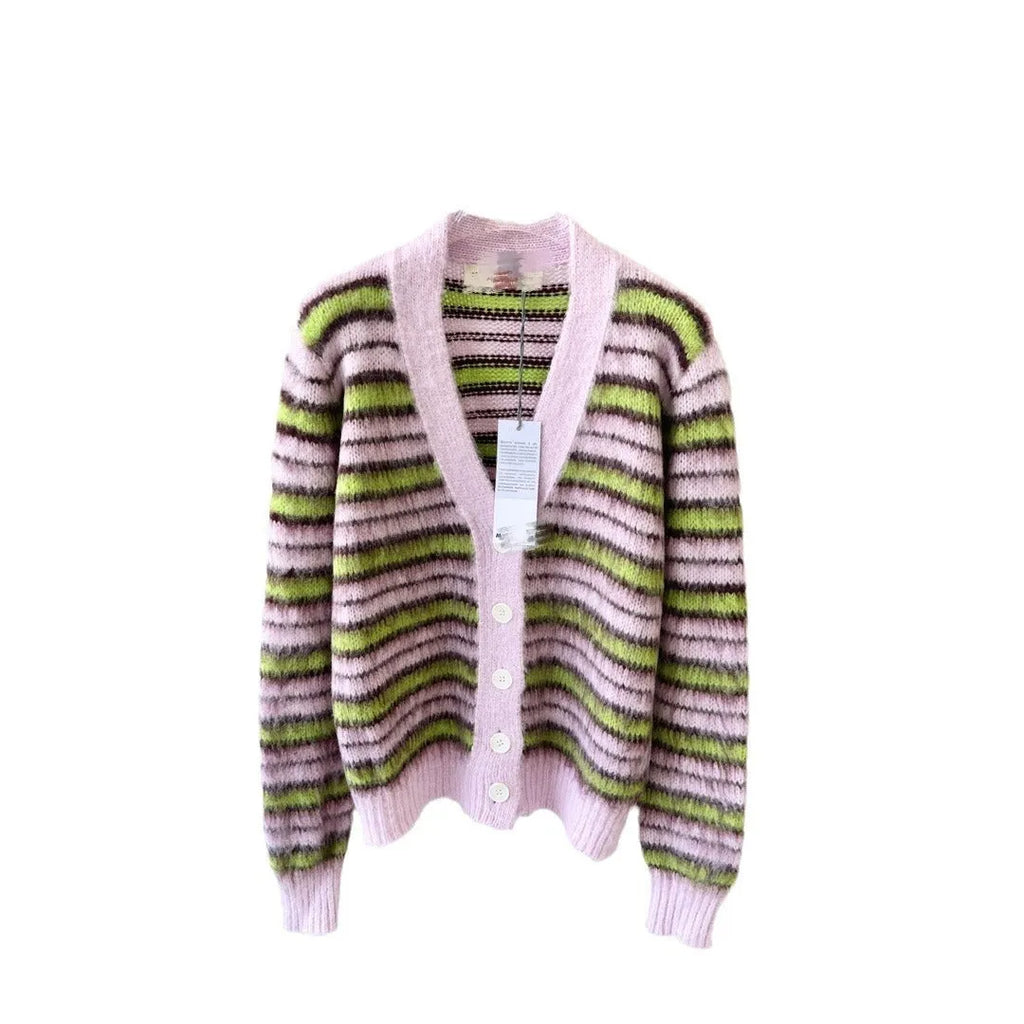 Pink wool lazy coat cardigan sweater with contrast colour details and regular sleeves