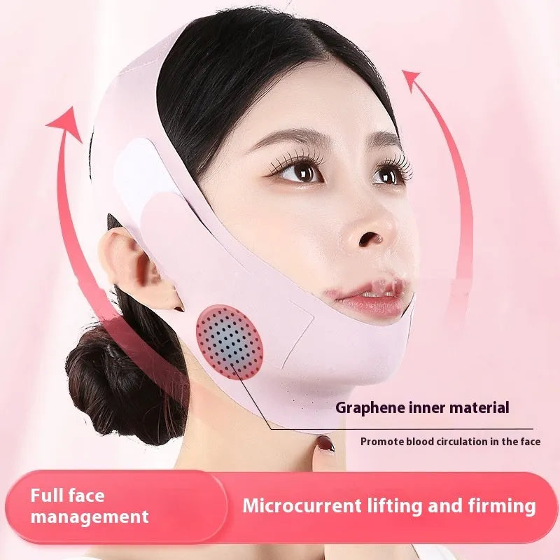 Small V face shaping mask in light breathable fabric, shown in purple and green colours.