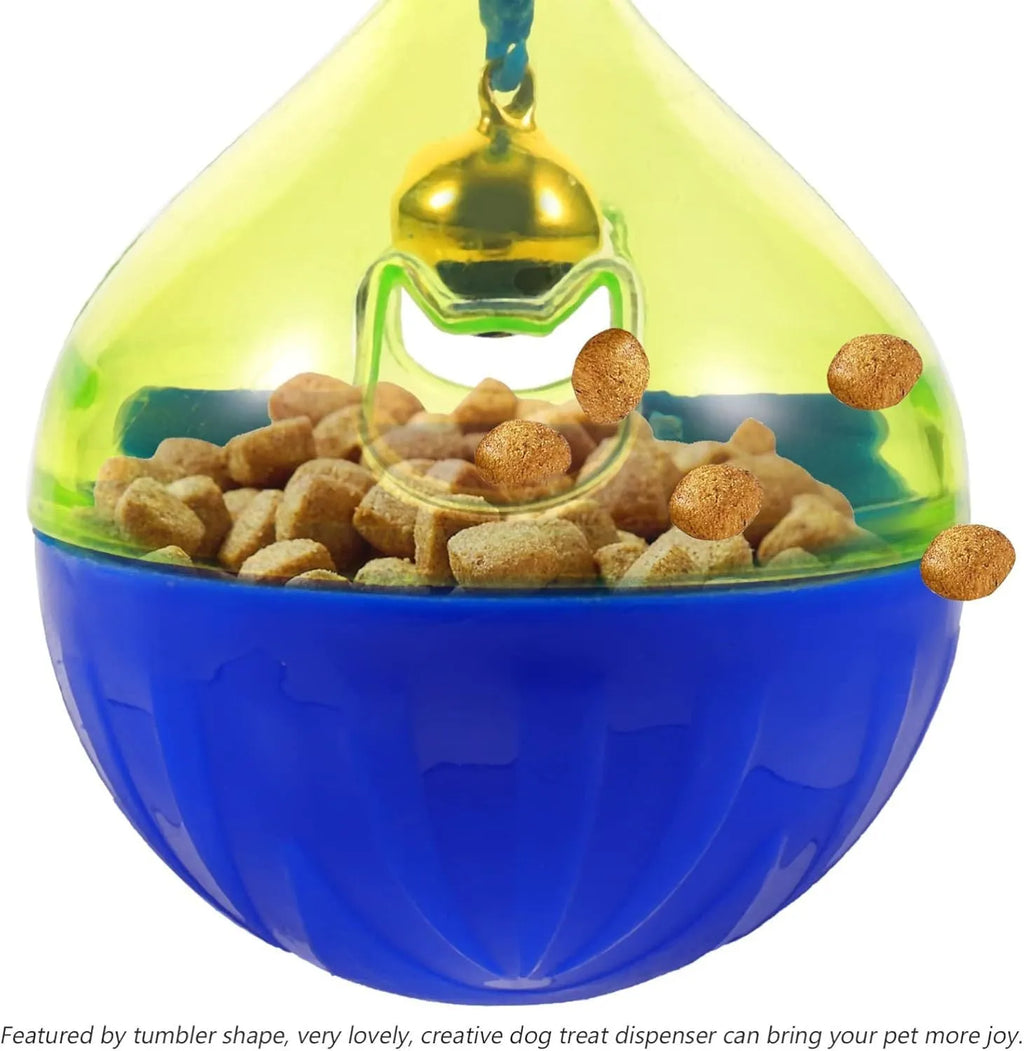 Blue tumbler-shaped dog and cat treat dispenser ball with food opening for interactive pet play