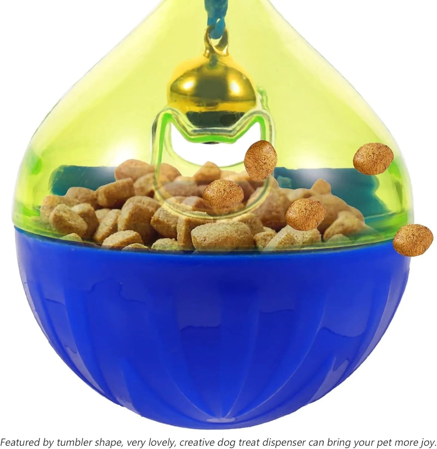 Blue tumbler-shaped dog and cat treat dispenser ball with food opening for interactive pet play