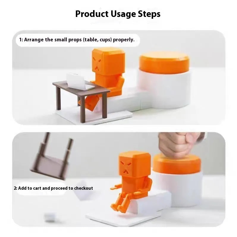 Orange plastic table-turning decompression toy measuring 16cm long on a desk