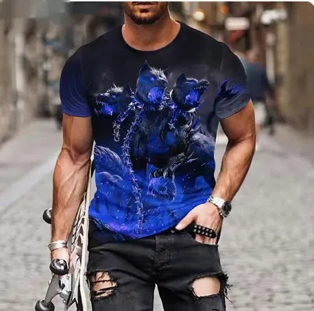 Men's grey T-shirt with a raised 3D lion head print on the chest, showcasing texture and detail.