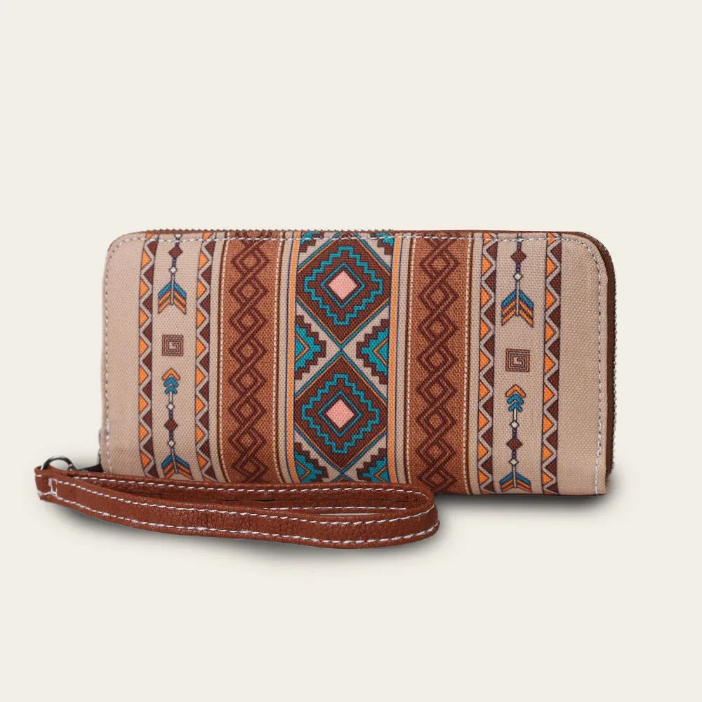 Bohemian striped canvas RFID wallet in multiple colours showing compact size and anti-theft feature.