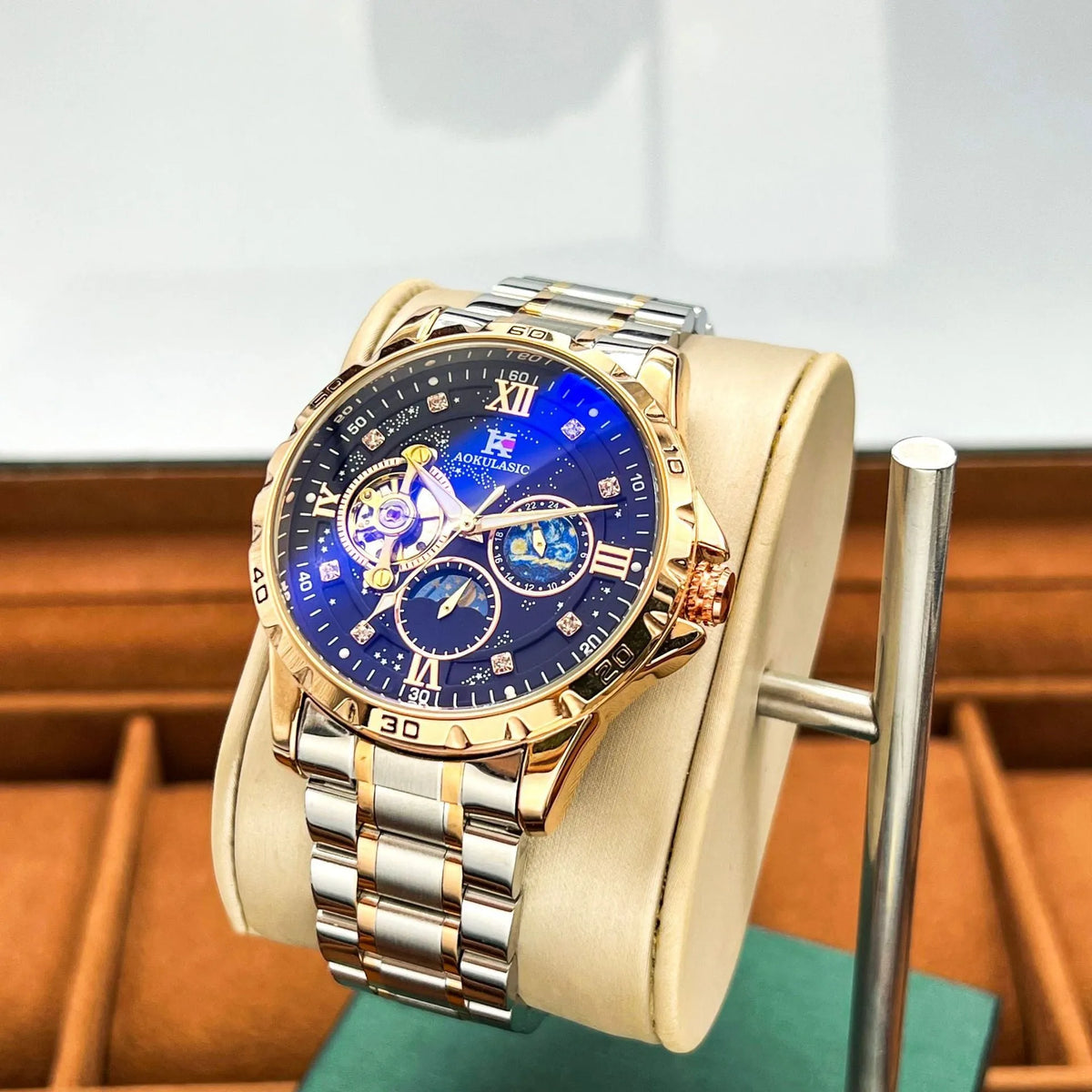 Men's automatic mechanical watch with rose gold shell, black dial, large display, and 12mm thickness