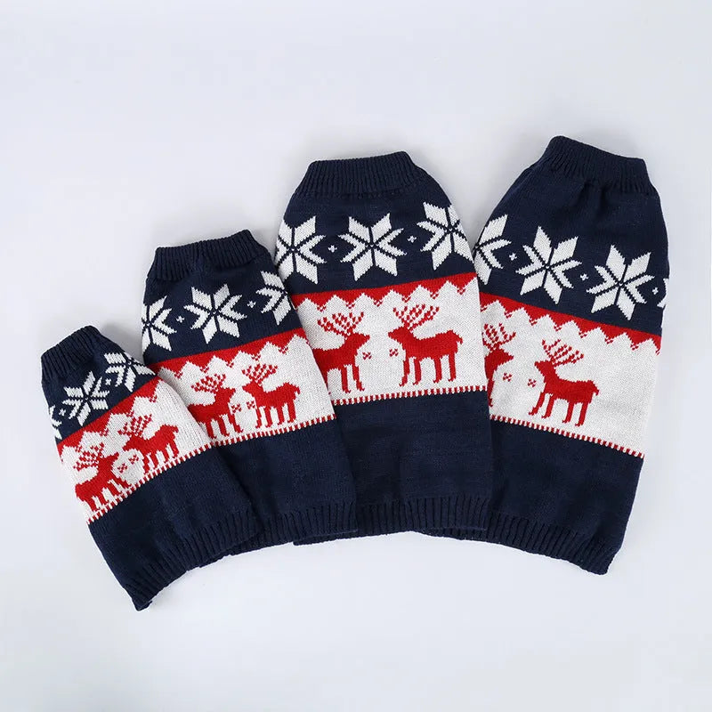 Navy blue Christmas dog sweater with knitted acrylic construction showing festive patterns