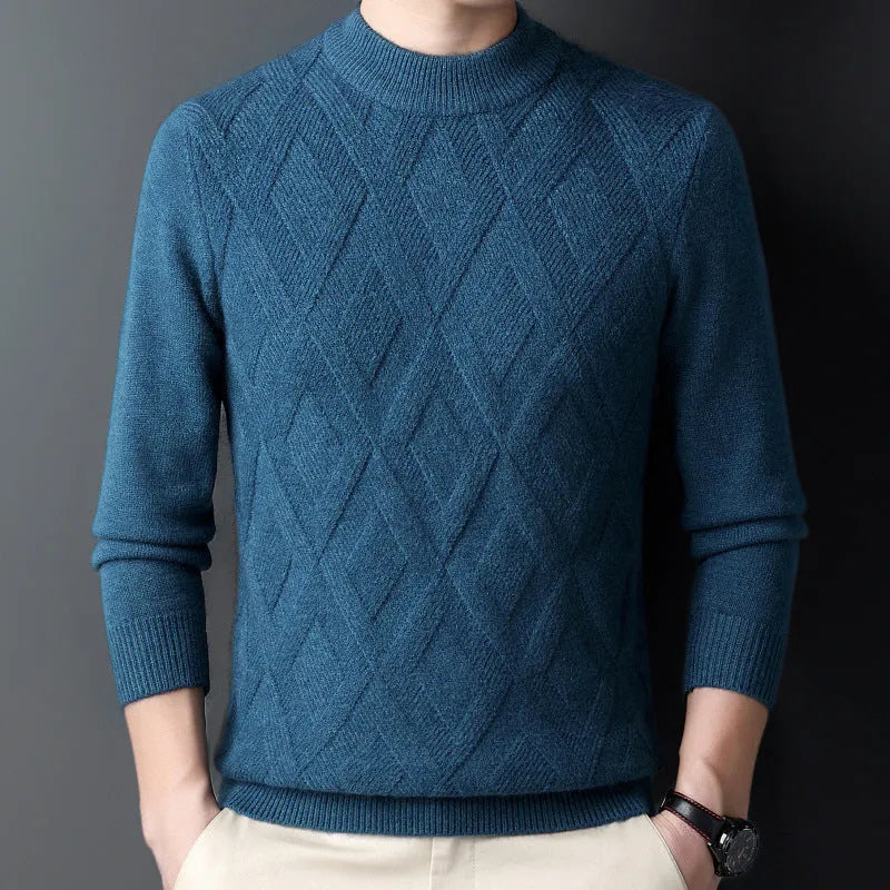 Men's diamond jacquard pattern thermal sweater in polyester fabric, plus size winter pullover