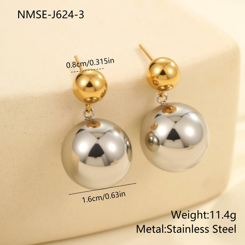 Stainless steel geometric round bead ear studs with gold electroplating and colour-block detailing