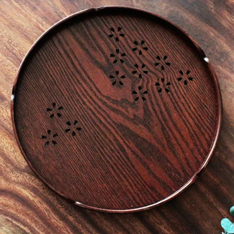 Wooden dessert plate with hollow sakura cherry blossom pattern, 30cm diameter