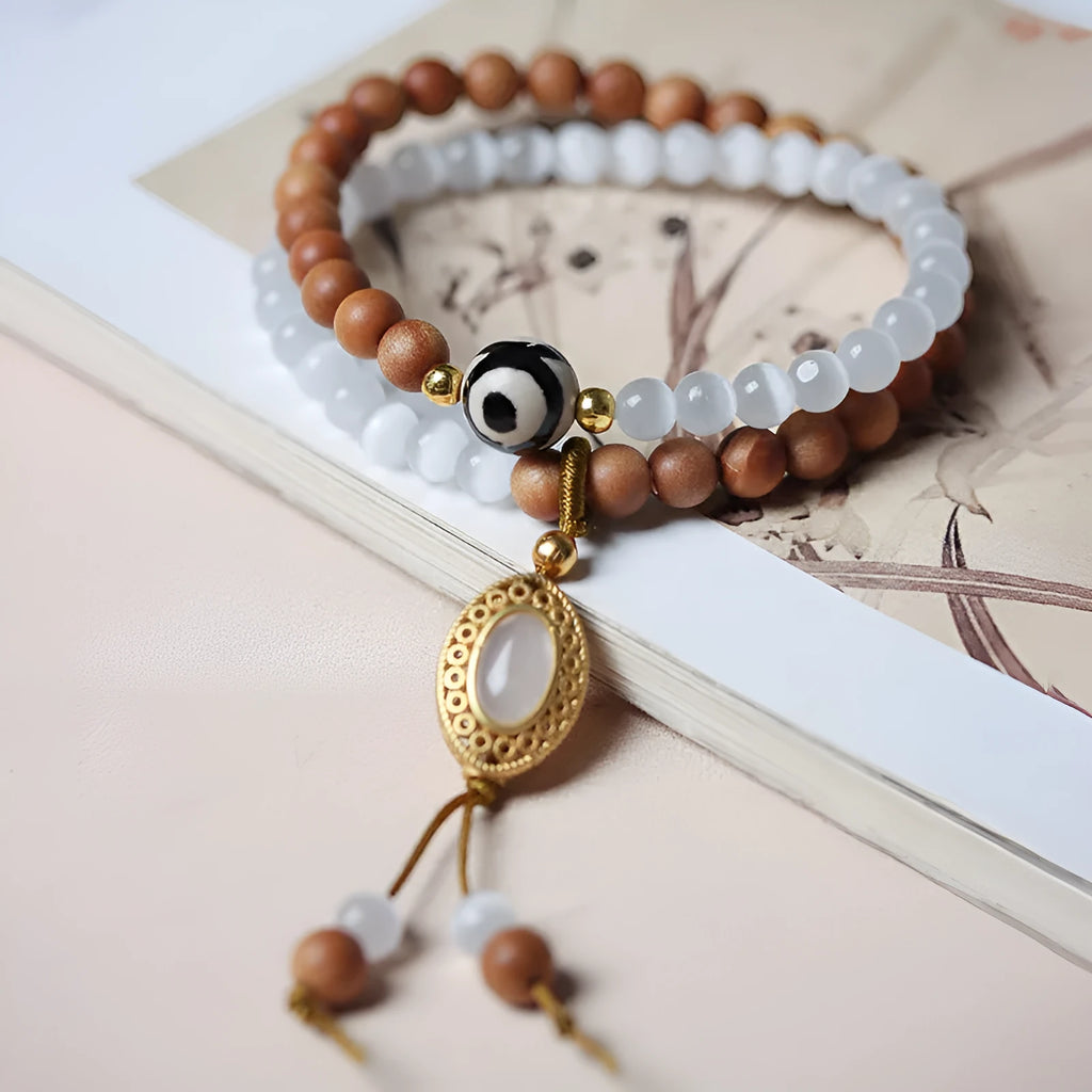 Women's bracelet with sandalwood double ring opal Tibetan beads in mixed materials