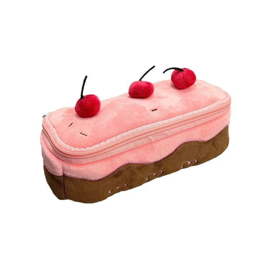 Cherry Cake plush velvet pencil case with zip closure in Korean style design