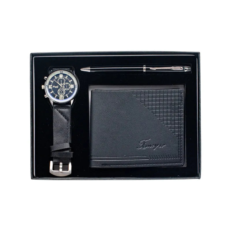 Brown and black gift set box containing a watch, a leather-look wallet, and a pen for business or personal gifting.