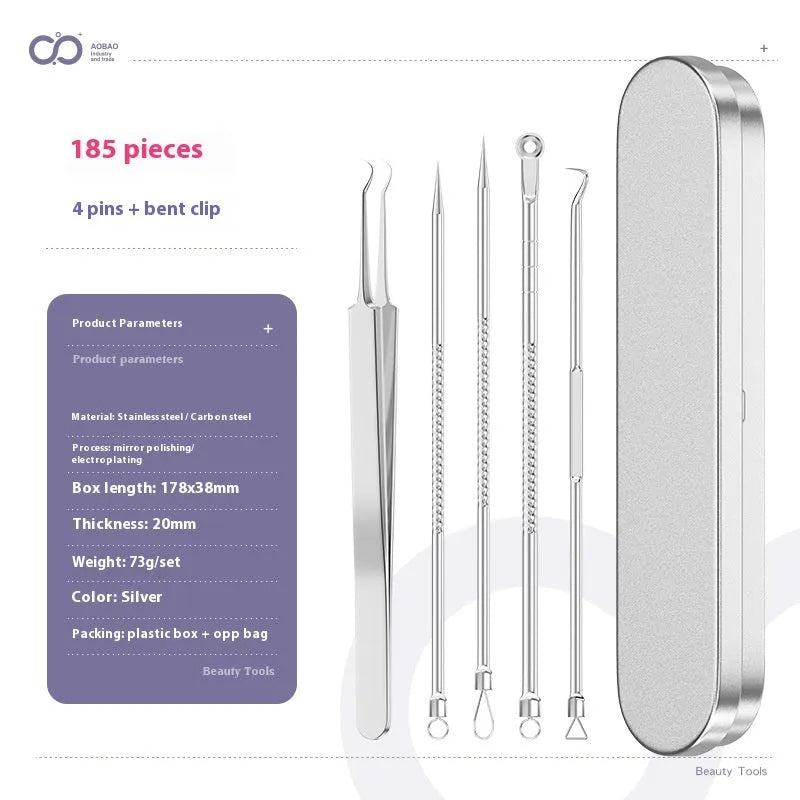 Four silver metal acne needles with ultra-fine pointed tips for blackhead extraction.