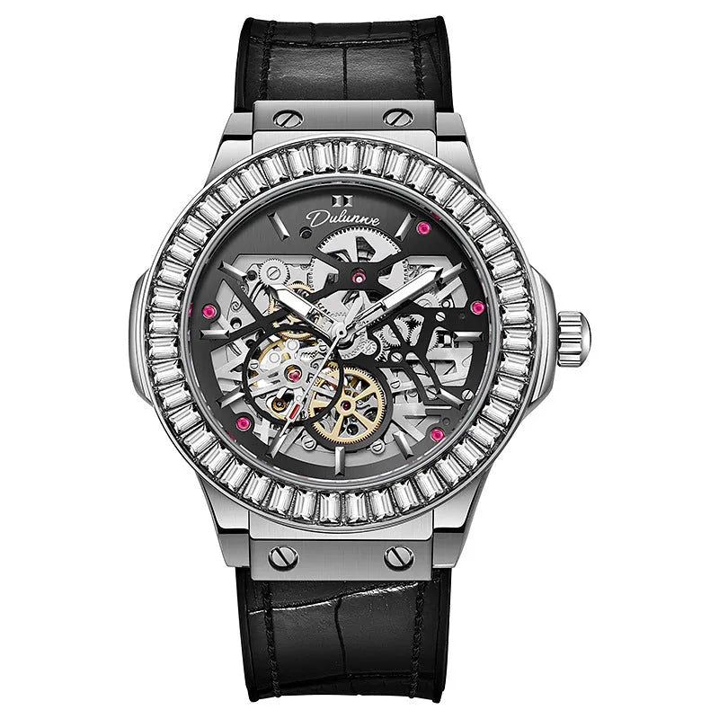 Automatic mechanical men's watch with diamond-studded bezel and visible hollow movement in white shell case