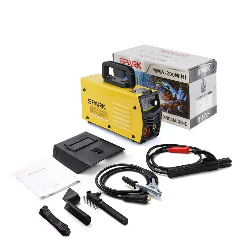 MMA-200MIN household DC welding machine with face shield and welding accessories on workbench