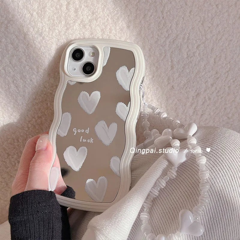 White wave edge silicone phone case with heart mirror and bracelet for Samsung Galaxy models