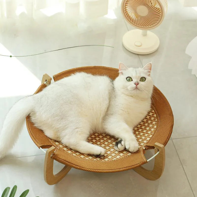 Brown woven rattan pet hammock bed measuring 46cm with raised design for cats and small dogs