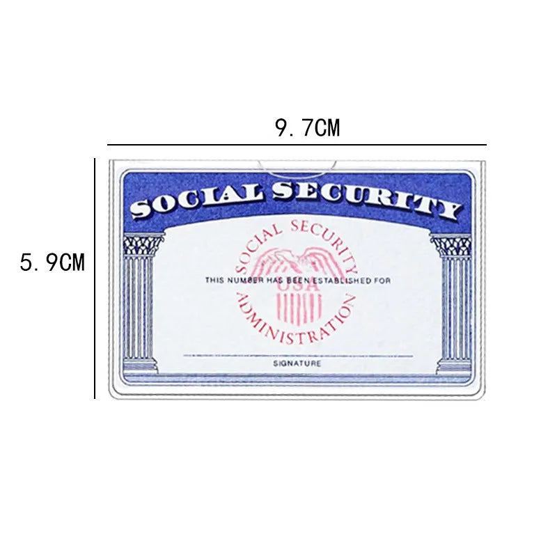 Transparent PVC social security card holder showing size of 9.7 by 5.9 centimetres.
