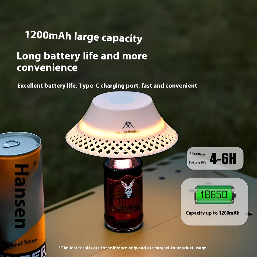 Beige wine bottle shaped camping lantern with USB-C port and adjustable light settings on a wooden table.