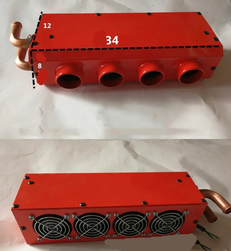 Metal car heater unit with copper pipe for 12V and 24V vehicles, dimensions 34x12x8 cm