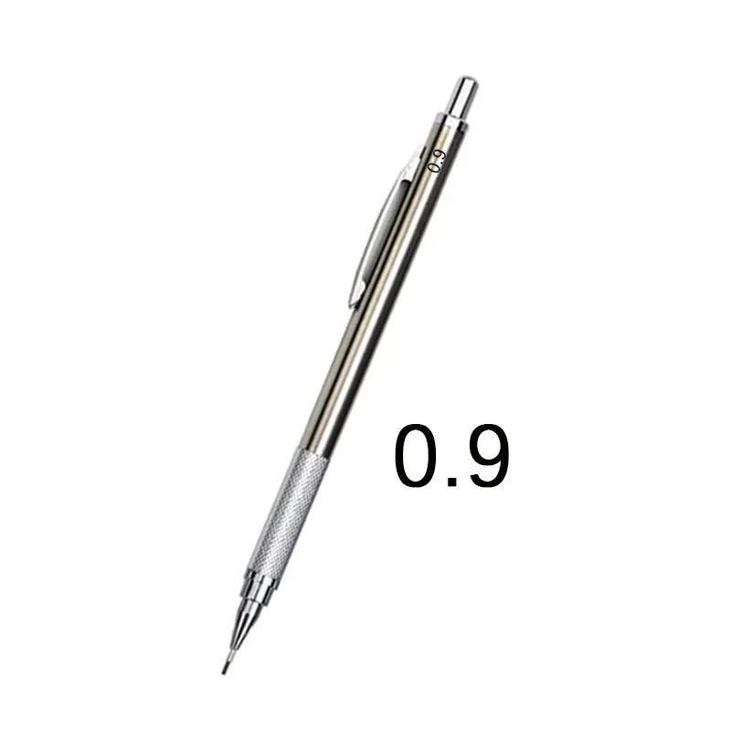 Metal automatic mechanical pencil shown with various lead size options including 0.5mm, 0.7mm, and 2.0mm.