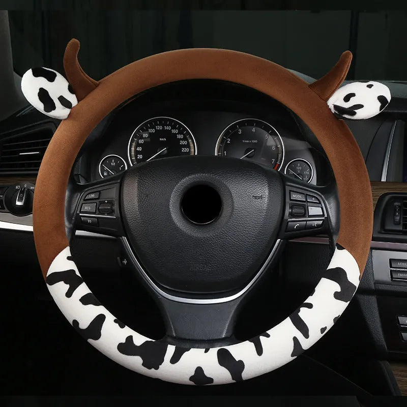 Plush car steering wheel cover with protective handle in black colour showing 38cm diameter