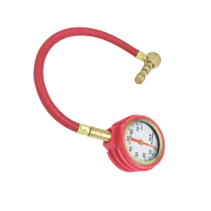 Copper and rubber mechanical tyre pressure gauge with deflation valve for SUVs and off-road vehicles.