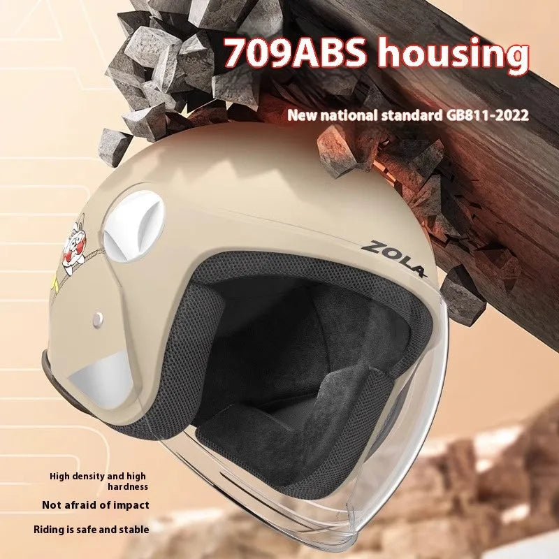Blue electric bicycle helmet with a built-in neck scarf and a clear anti-fog visor lowered.