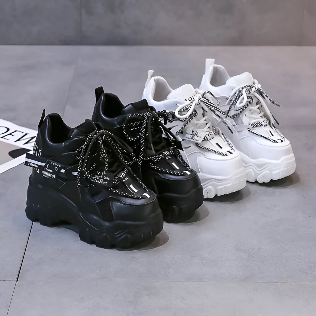 Women's white breathable mesh platform sports shoes with cross strap design and rubber sole