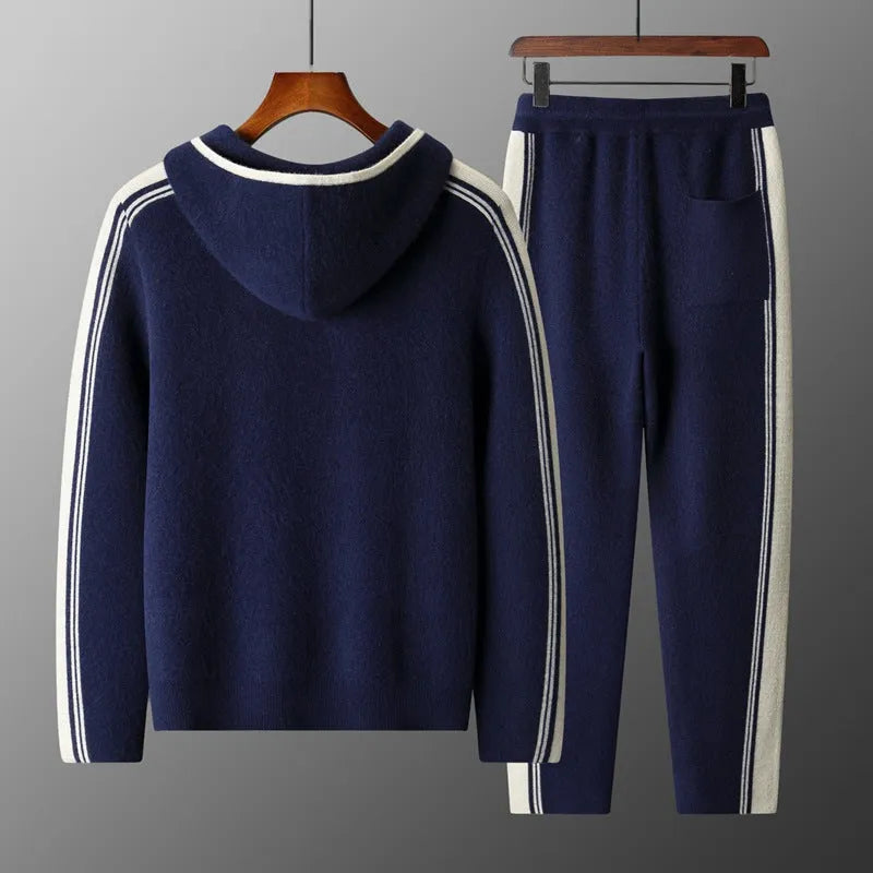 Men's wool two-piece set with hooded cardigan top and matching trousers in dark blue, dark grey, camel, or black