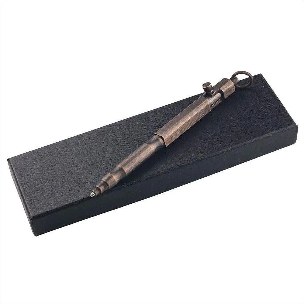 Brass hexagonal bolt tactical pen in brass natural colour and retro black, 13cm long.