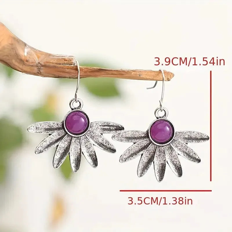 Purple Bohemian style floral drop earrings with resin gemstone and animal zodiac design on alloy frame