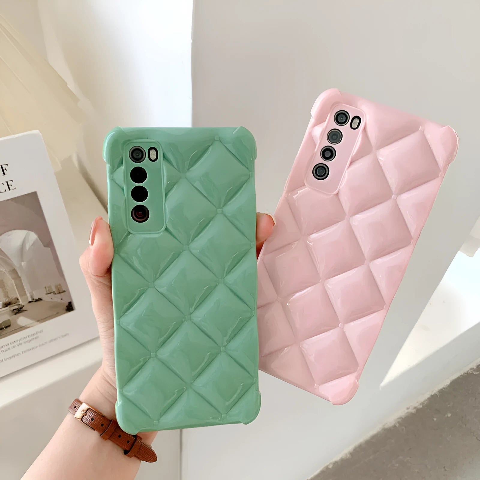 Solid colour silicone diamond phone case for Huawei P40 Pro smartphone on a table