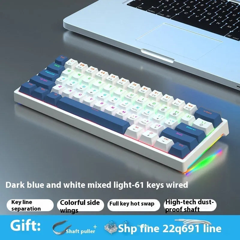 Blue and white 61-key compact mechanical keyboard with hot-swappable switches on black background