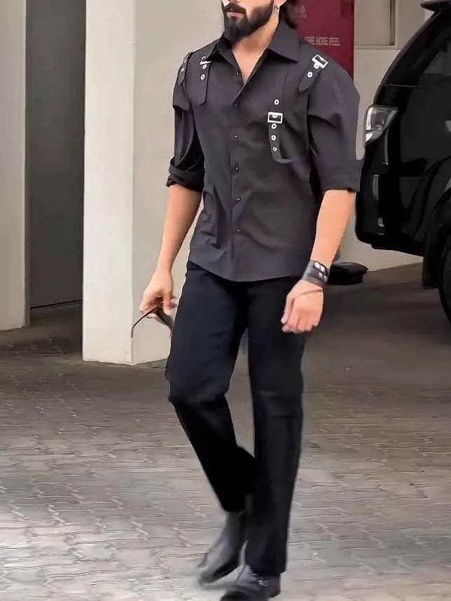 Men's black utility button-up shirt with regular fit design on a plain background
