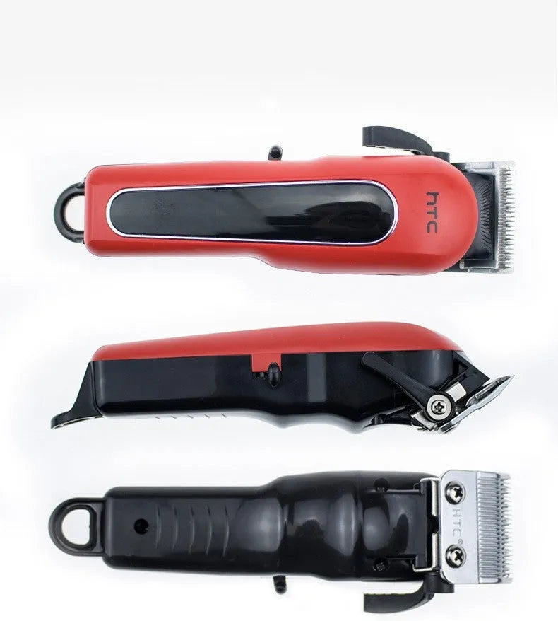 Professional digital hair clipper in black, red, or white with brushless motor, charger, and 4 limiting combs.