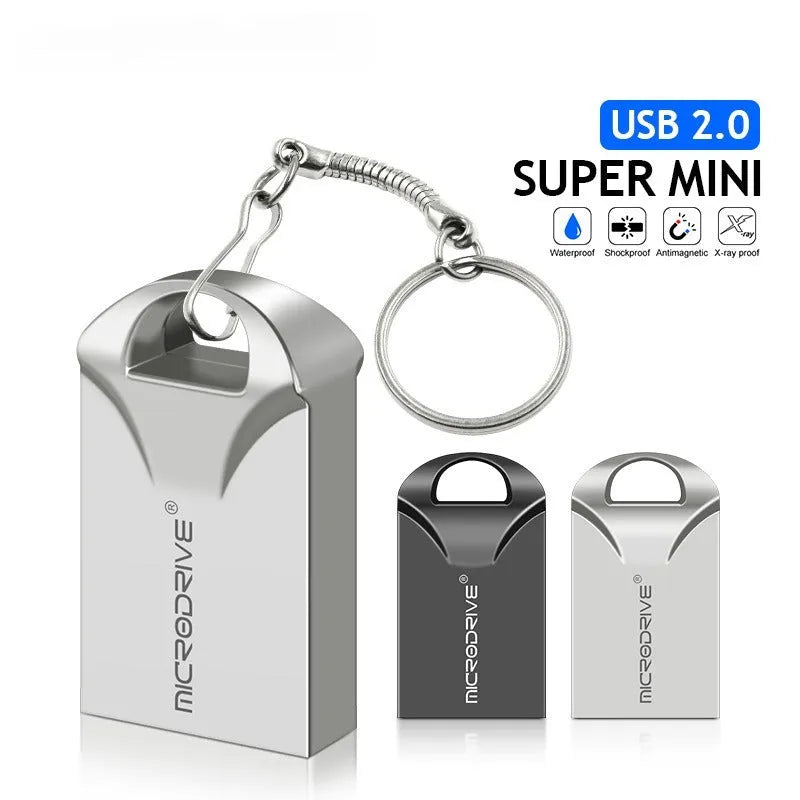 Black and silver metal USB flash drives showing compact 23mm size with capacity options from 4GB to 128GB