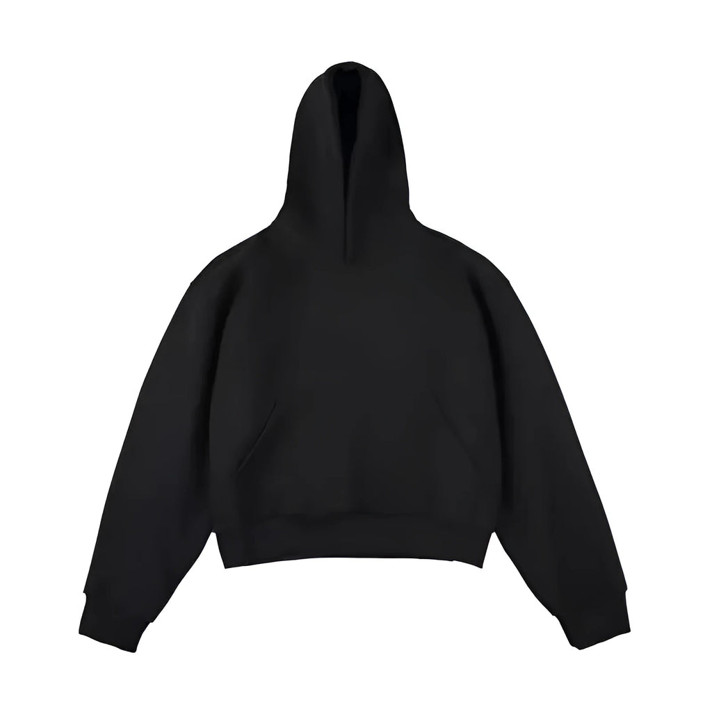 Short dark grey Chinese cotton composite hooded sweater with removable hood and long sleeves on a hanger.