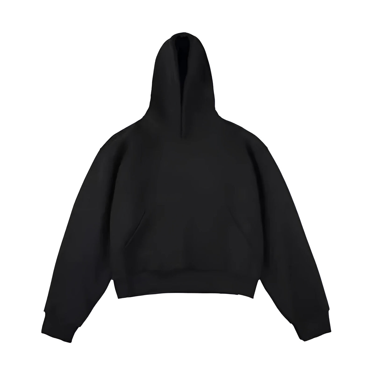 Short dark grey Chinese cotton composite hooded sweater with removable hood and long sleeves on a hanger.