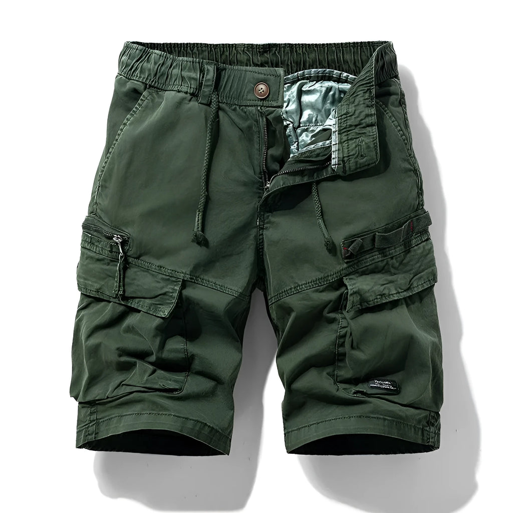 Men's cotton multi-pocket shorts with zipper closure in Army Green colour showing Korean style fifth pants length