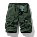 Men's cotton multi-pocket shorts with zipper closure in Army Green colour showing Korean style fifth pants length